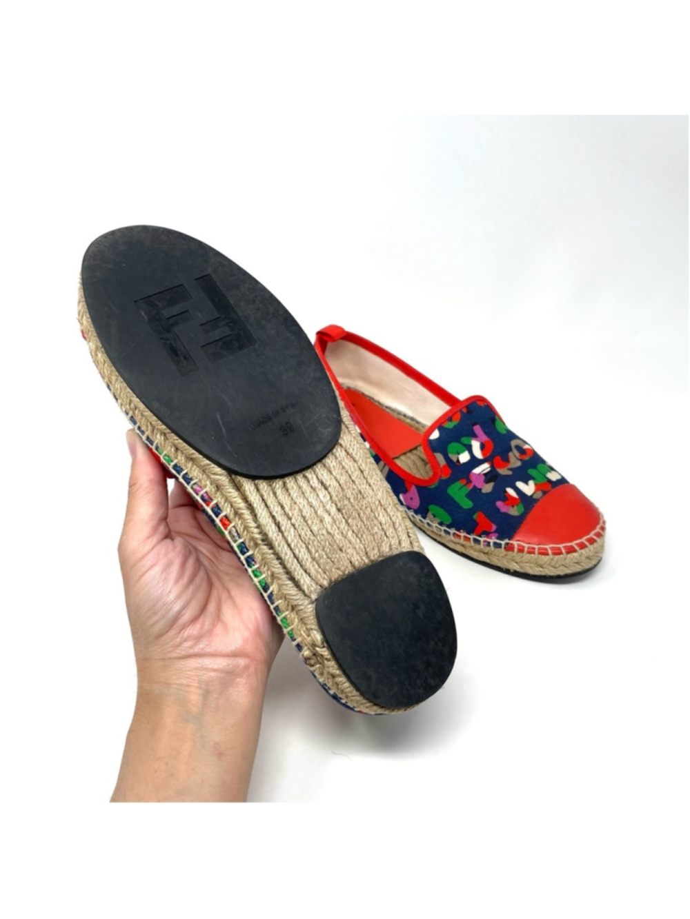 FENDI Junia Roma Canvas Espadrille with Poppy Red Leather Toe Cap Size 39 - Picture 8 of 12